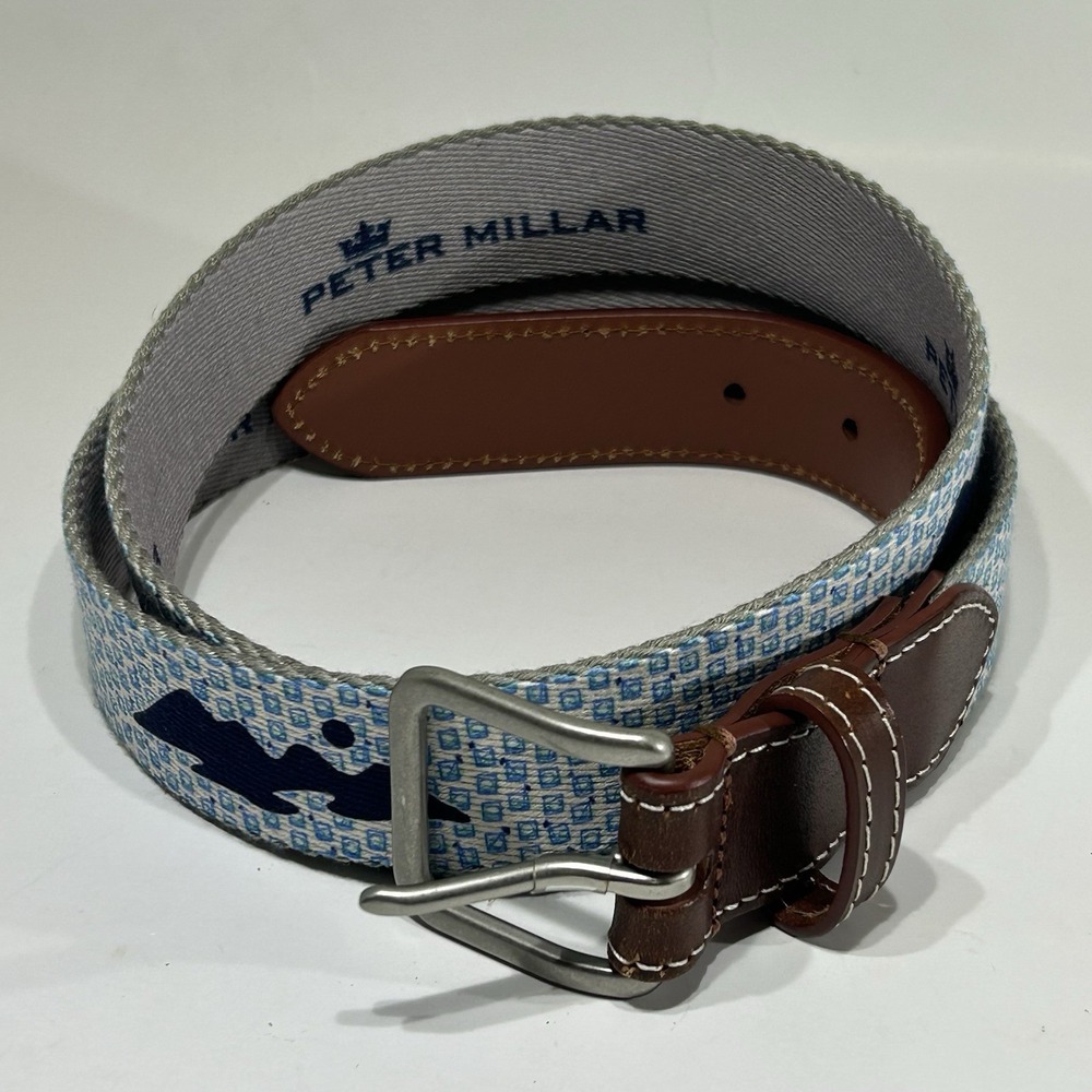 Peter Millar Belt Mens 38 Canvas Leather Trim Blue Golf Mountain Print USA Made